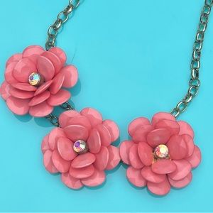 Coral Pink & Crystal Flower Statement Necklace